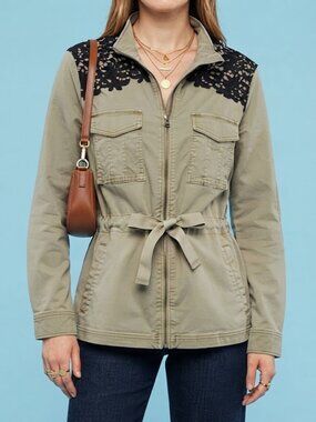 GAP Army Green Jacket with Navy Lace & Ribbon Drawstring Waist Tie
